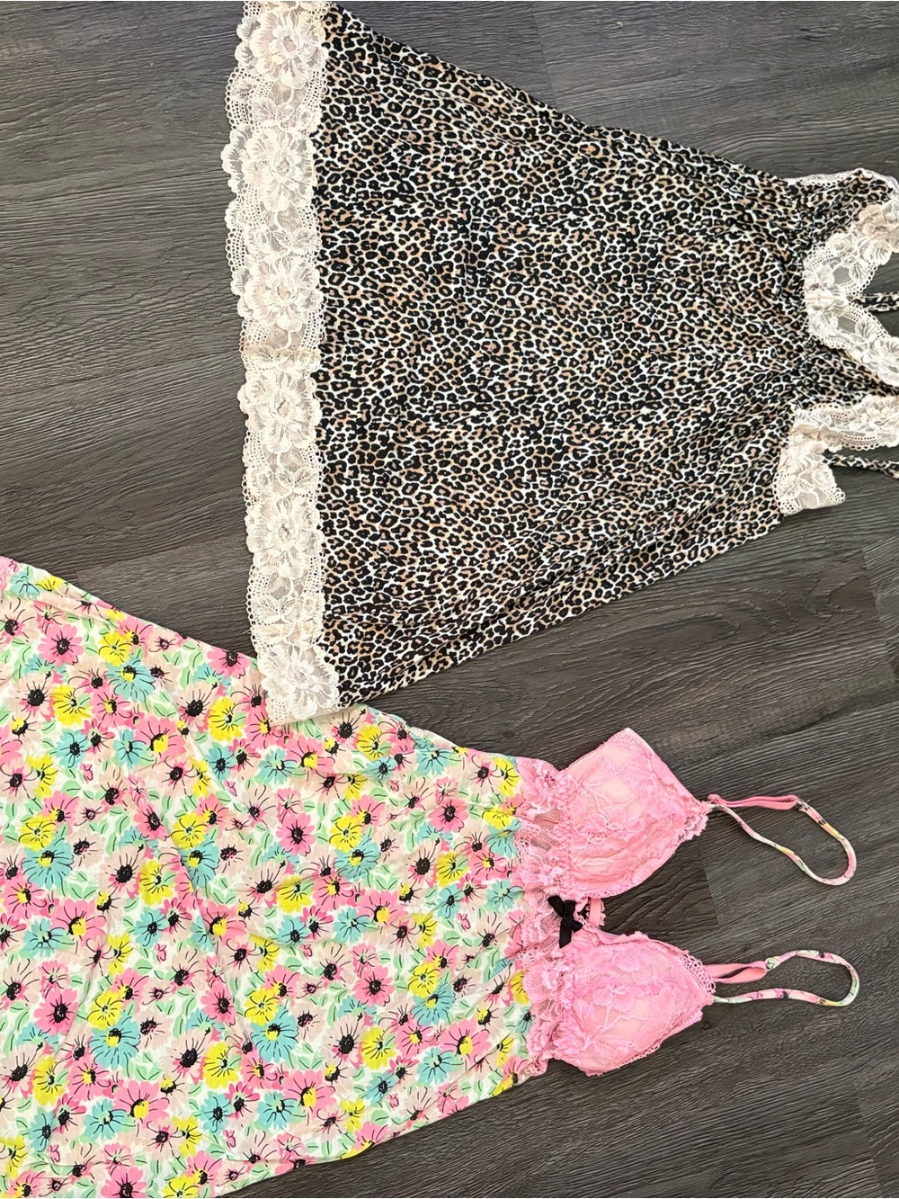 Victoria secret xs Leopard Lace Trim Slip Dress & Pink Floral Lace Camisole Set